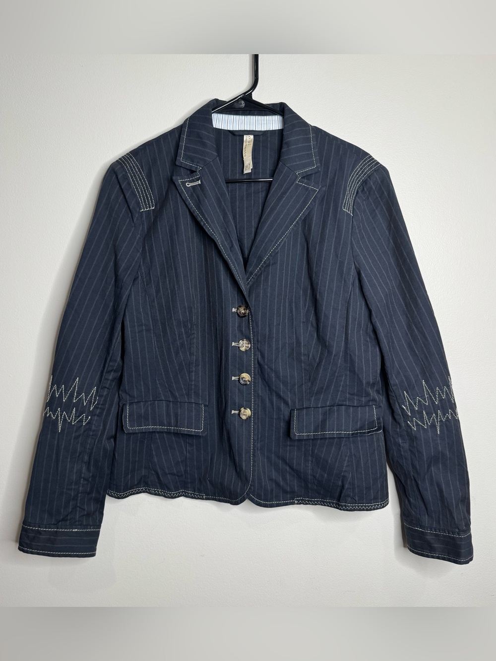 Y2K Oui Moments Cotton Navy Pinstripe Embroidered Military Style Jacket 10 US